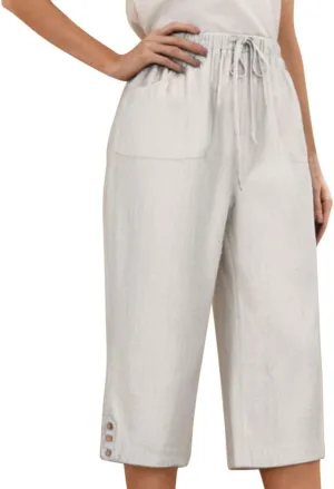Womens Linen Palazzo Capris 2025 Trendy Causal Loose Drawstring Cropped Pants Beach Travel Vacation Crop Trousers