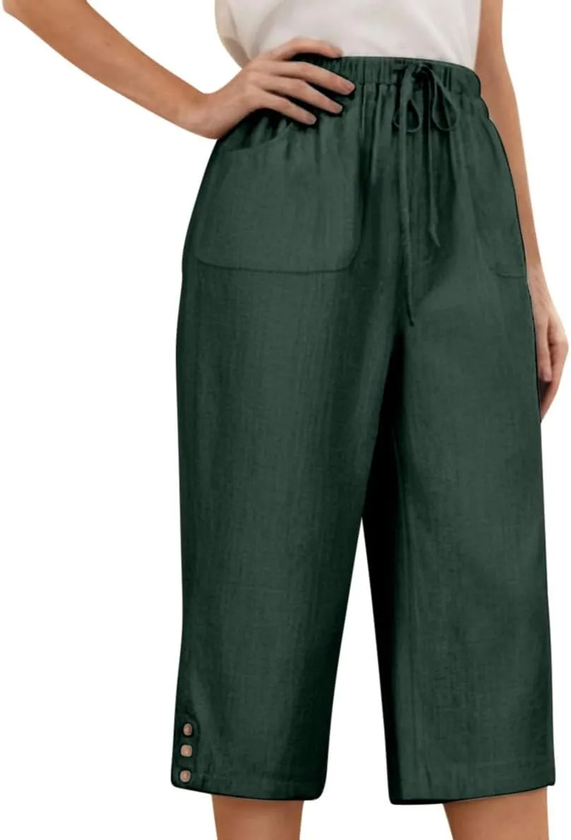 Womens Linen Palazzo Capris 2025 Trendy Causal Loose Drawstring Cropped Pants Beach Travel Vacation Crop Trousers