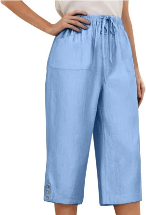 Womens Linen Palazzo Capris 2025 Trendy Causal Loose Drawstring Cropped Pants Beach Travel Vacation Crop Trousers