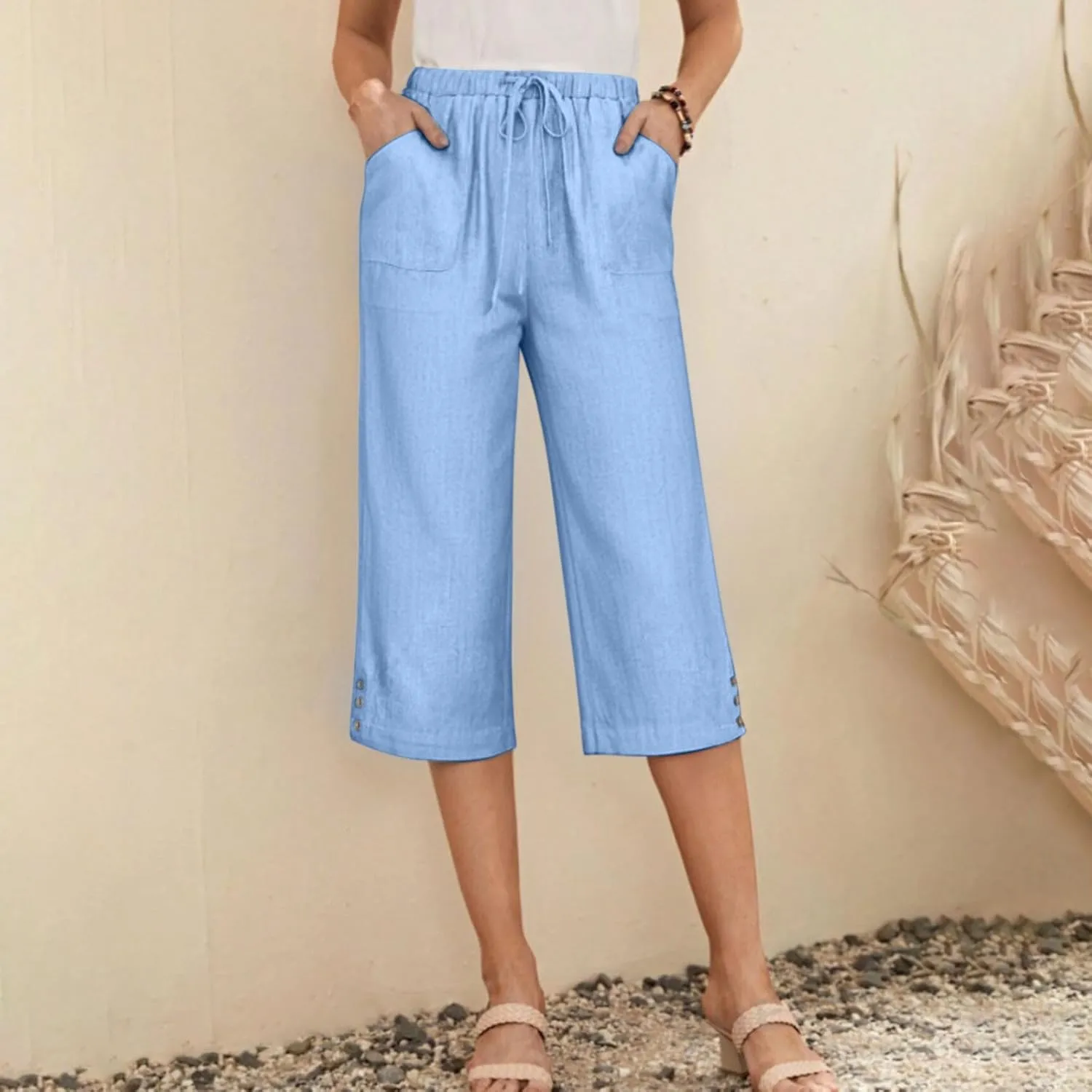 Womens Linen Palazzo Capris 2025 Trendy Causal Loose Drawstring Cropped Pants Beach Travel Vacation Crop Trousers