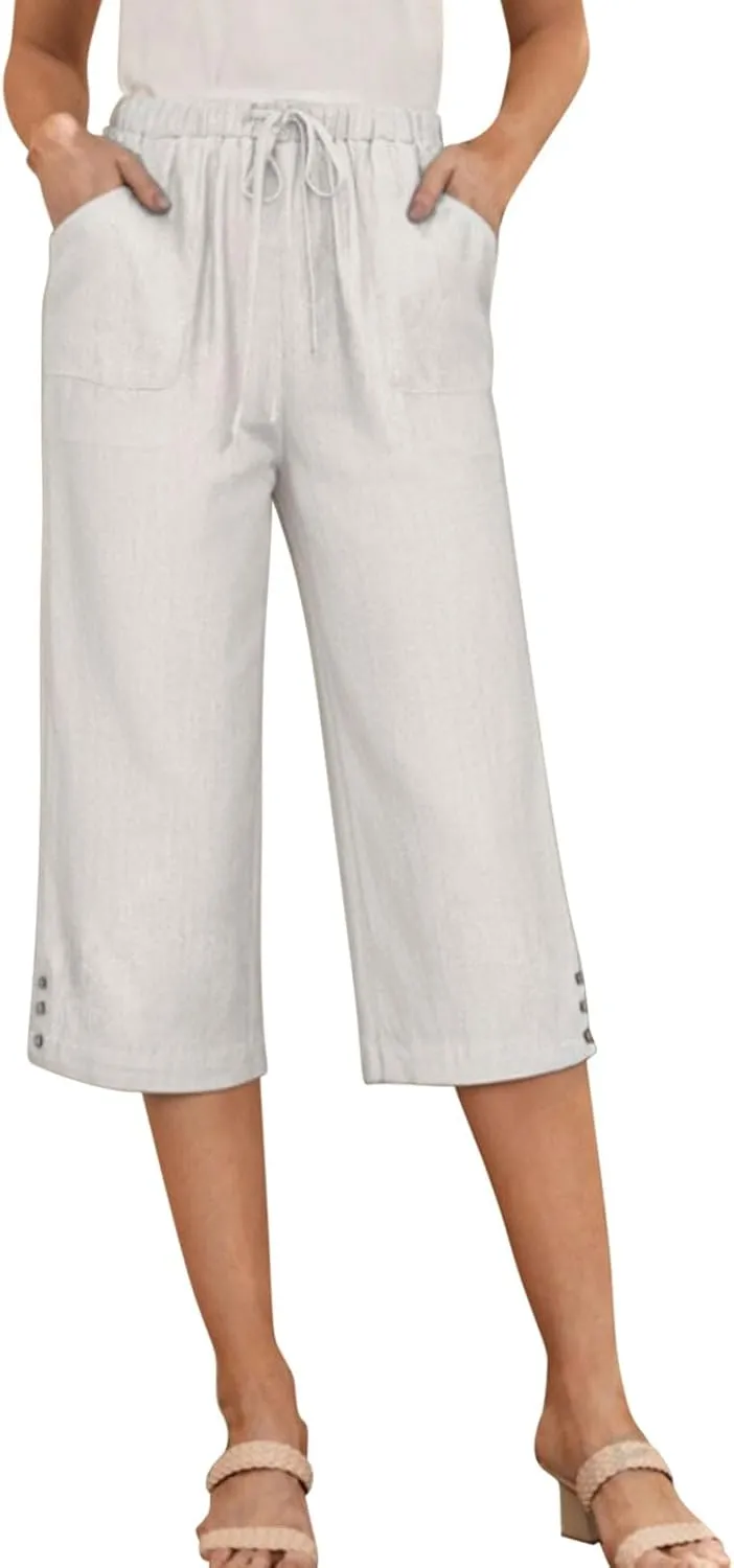 Womens Linen Palazzo Capris 2025 Trendy Causal Loose Drawstring Cropped Pants Beach Travel Vacation Crop Trousers