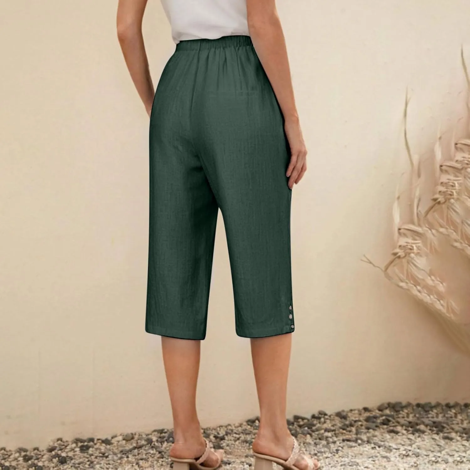 Womens Linen Palazzo Capris 2025 Trendy Causal Loose Drawstring Cropped Pants Beach Travel Vacation Crop Trousers