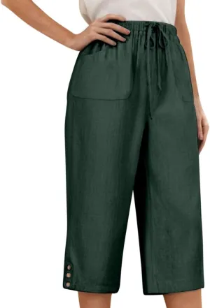 Womens Linen Palazzo Capris 2025 Trendy Causal Loose Drawstring Cropped Pants Beach Travel Vacation Crop Trousers