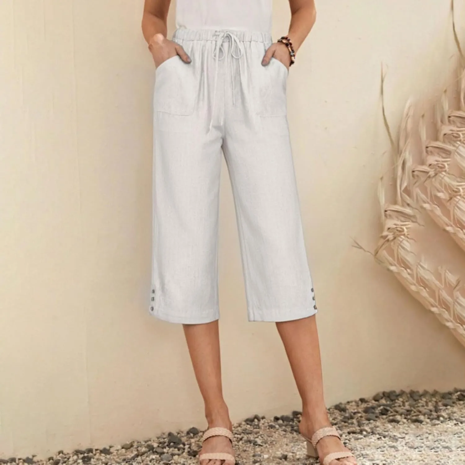 Womens Linen Palazzo Capris 2025 Trendy Causal Loose Drawstring Cropped Pants Beach Travel Vacation Crop Trousers