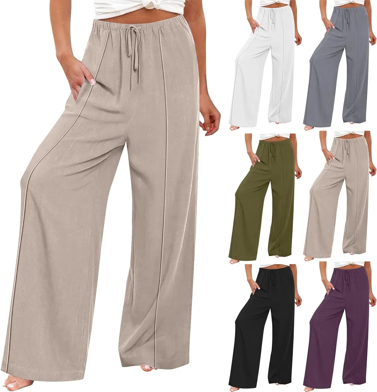 Women's Linen Palazzo Pants Loose Fit Comfy Wide Leg Pants Summer Drawstring Elastic Waist Lounge Pants with Pockets