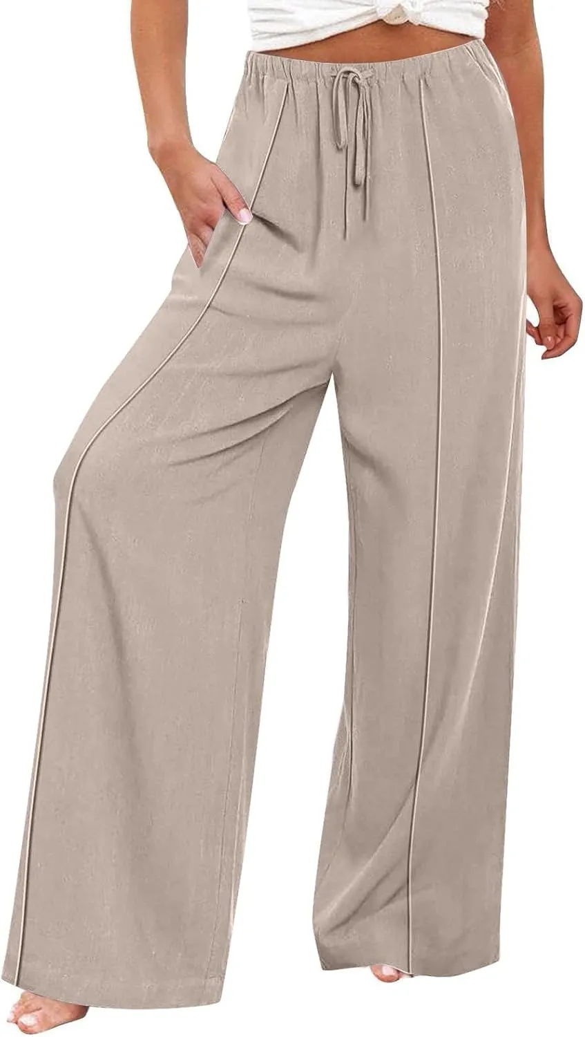 Women's Linen Palazzo Pants Loose Fit Comfy Wide Leg Pants Summer Drawstring Elastic Waist Lounge Pants with Pockets