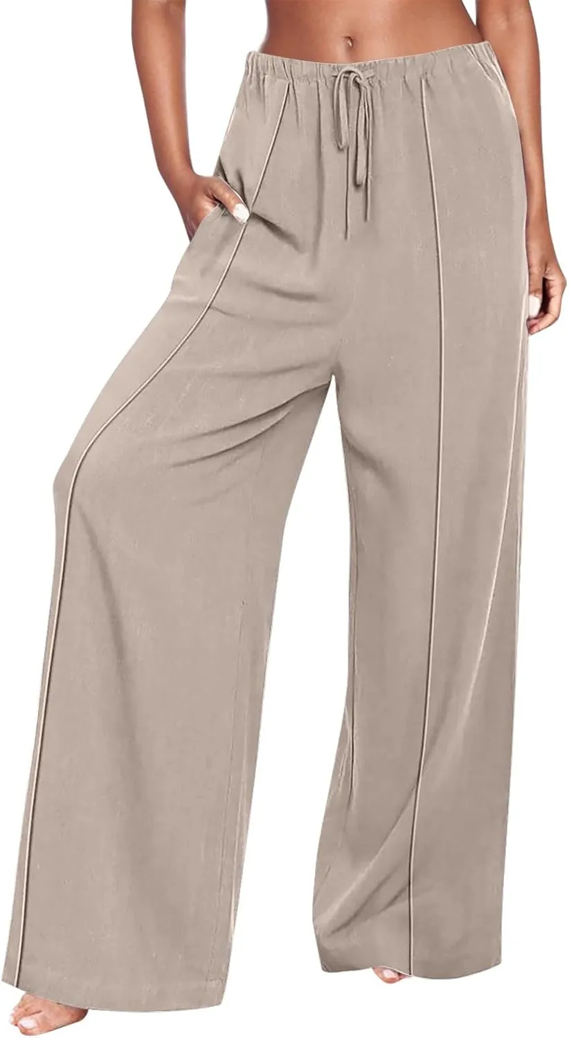 Women's Linen Palazzo Pants Loose Fit Comfy Wide Leg Pants Summer Drawstring Elastic Waist Lounge Pants with Pockets