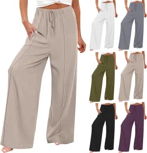 Women's Linen Palazzo Pants Loose Fit Comfy Wide Leg Pants Summer Drawstring Elastic Waist Lounge Pants with Pockets