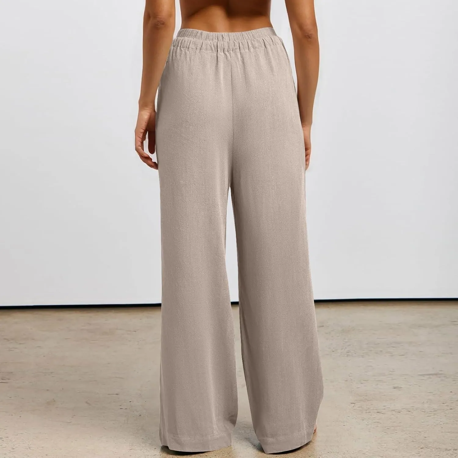 Women's Linen Palazzo Pants Loose Fit Comfy Wide Leg Pants Summer Drawstring Elastic Waist Lounge Pants with Pockets