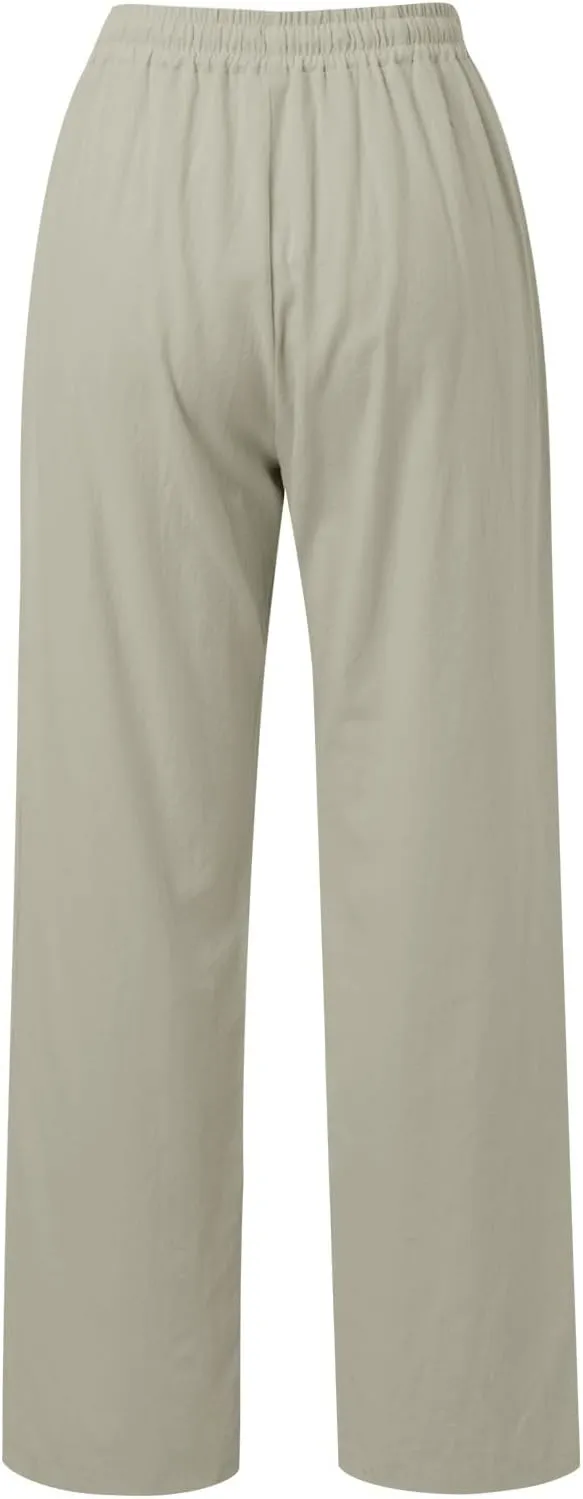 Women's Linen Pants Casual Button up High Waisted Pant Dressy Wide Leg Long Trousers Pant Palazzo Lounge Pants