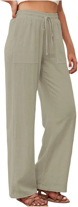 Women's Linen Pants Casual Button up High Waisted Pant Dressy Wide Leg Long Trousers Pant Palazzo Lounge Pants