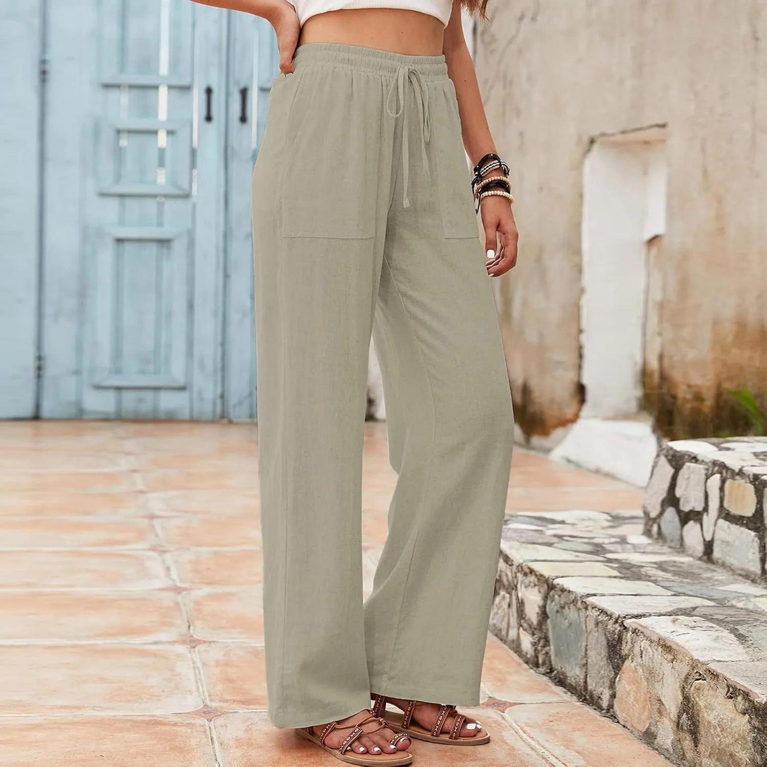 Women's Linen Pants Casual Button up High Waisted Pant Dressy Wide Leg Long Trousers Pant Palazzo Lounge Pants