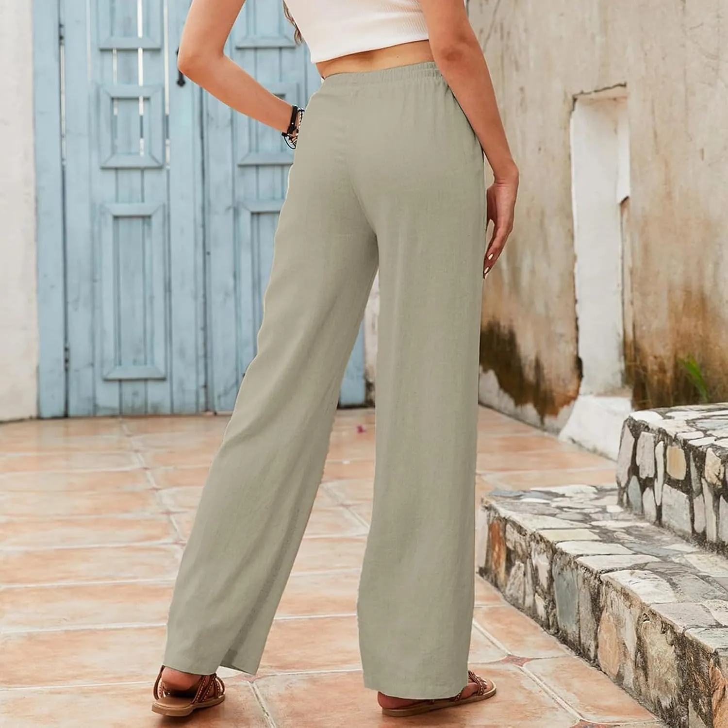 Women's Linen Pants Casual Button up High Waisted Pant Dressy Wide Leg Long Trousers Pant Palazzo Lounge Pants