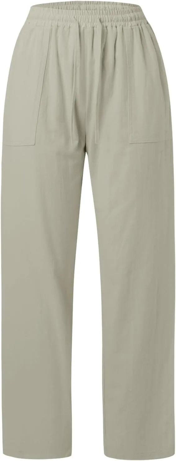 Women's Linen Pants Casual Button up High Waisted Pant Dressy Wide Leg Long Trousers Pant Palazzo Lounge Pants