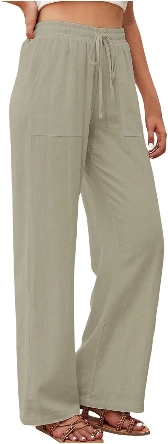 Women's Linen Pants Casual Button up High Waisted Pant Dressy Wide Leg Long Trousers Pant Palazzo Lounge Pants
