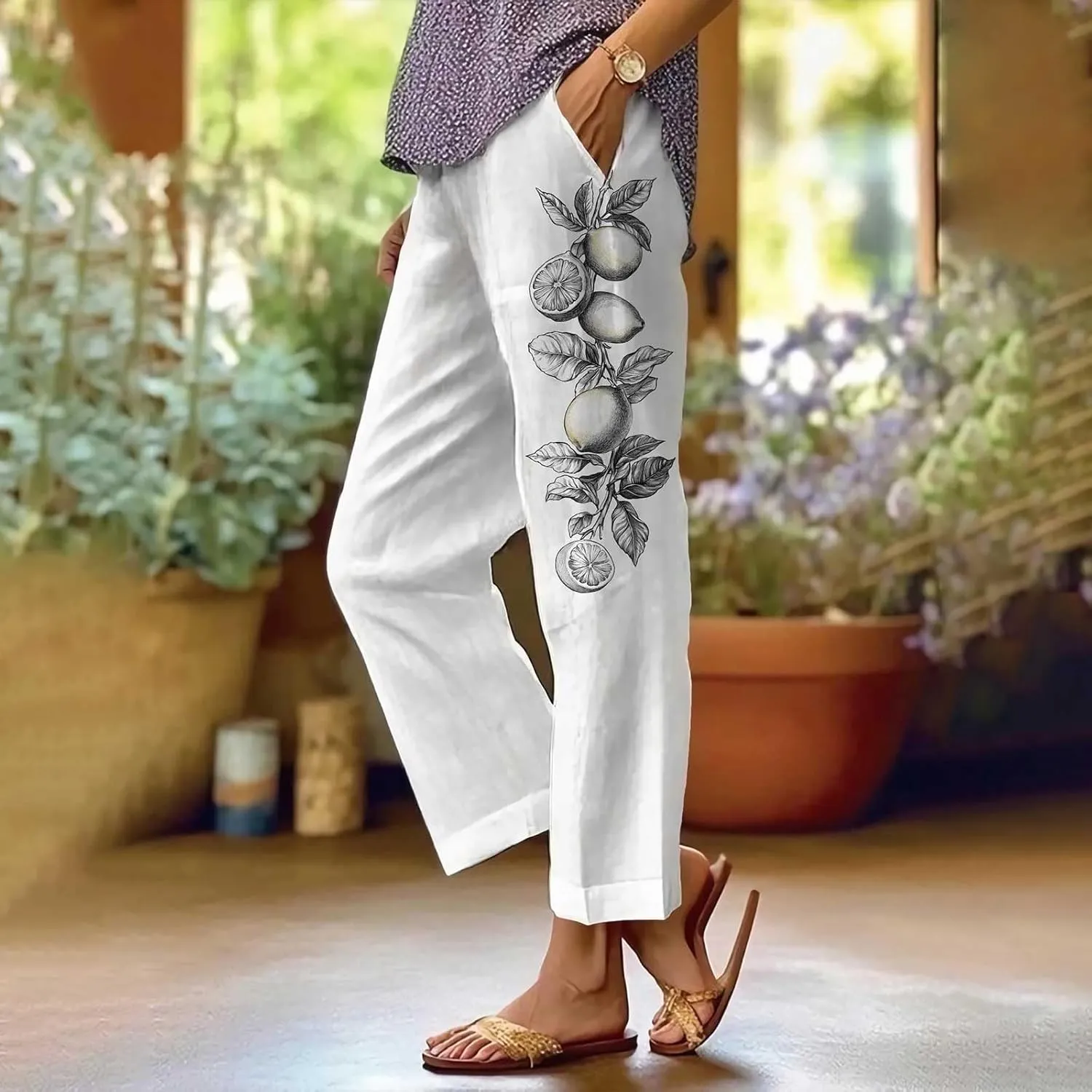 Womens Linen Pants Casual Loose High Waisted Boho Print Wide Leg Pant Summer Beach Drawstring Trousers with Pocket