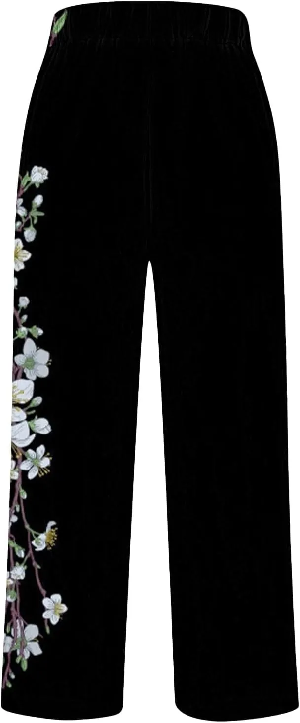 Womens Linen Pants Casual Loose High Waisted Boho Print Wide Leg Pant Summer Beach Drawstring Trousers with Pocket