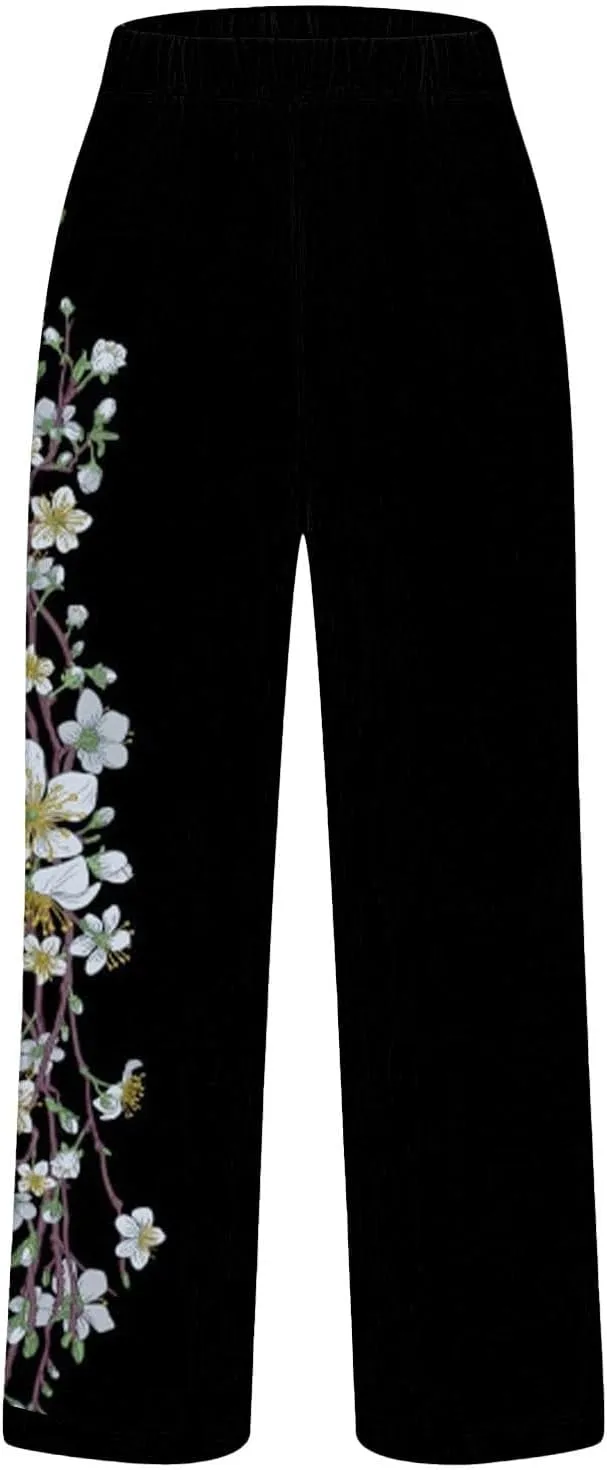 Womens Linen Pants Casual Loose High Waisted Boho Print Wide Leg Pant Summer Beach Drawstring Trousers with Pocket