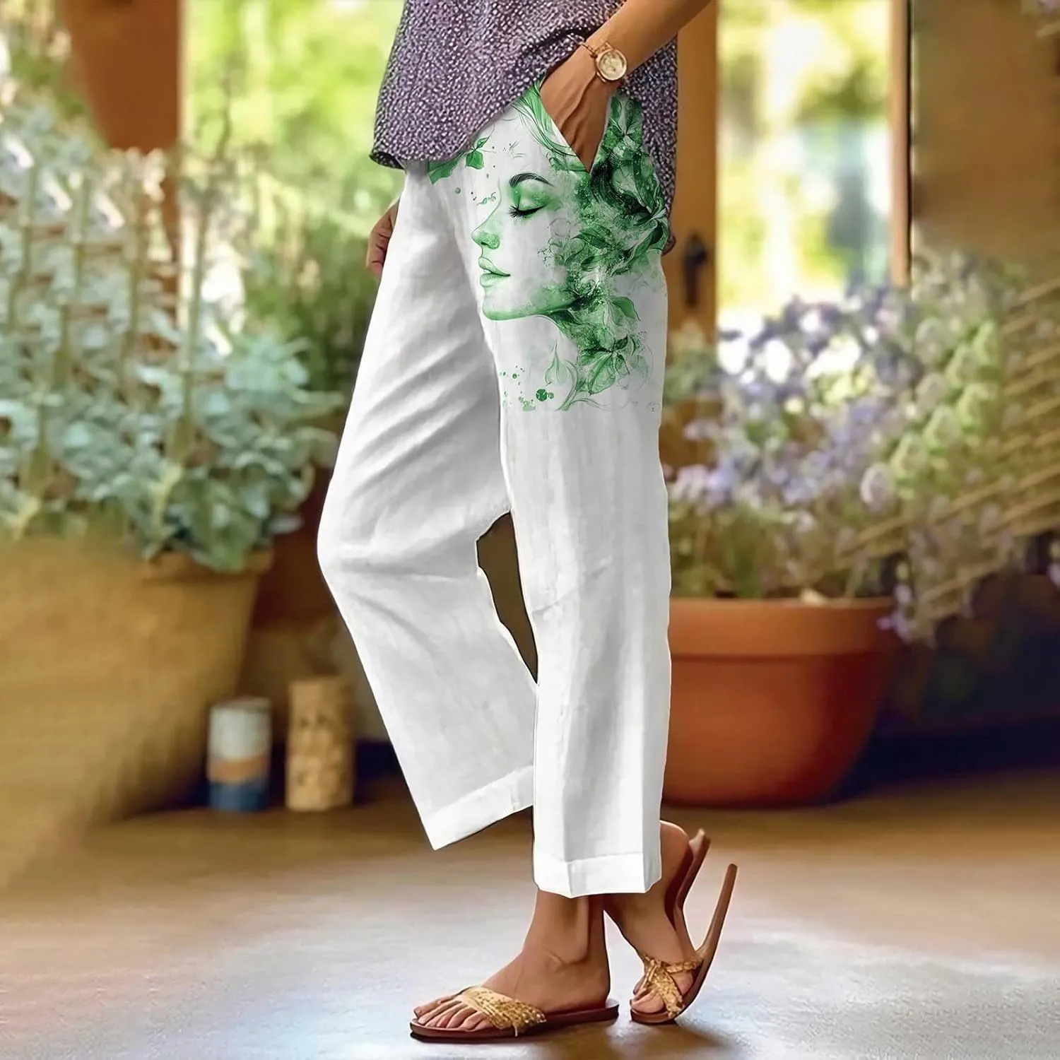 Womens Linen Pants Casual Loose High Waisted Boho Print Wide Leg Pant Summer Beach Drawstring Trousers with Pocket
