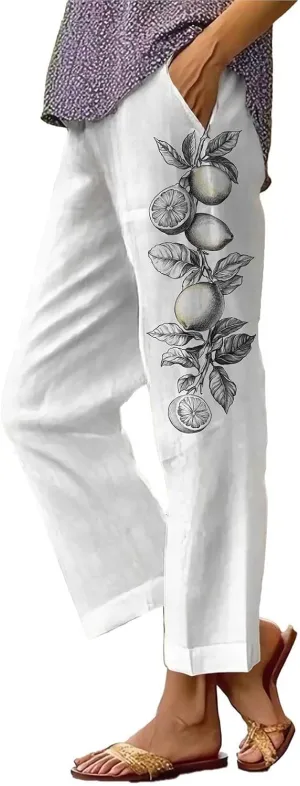 Womens Linen Pants Casual Loose High Waisted Boho Print Wide Leg Pant Summer Beach Drawstring Trousers with Pocket