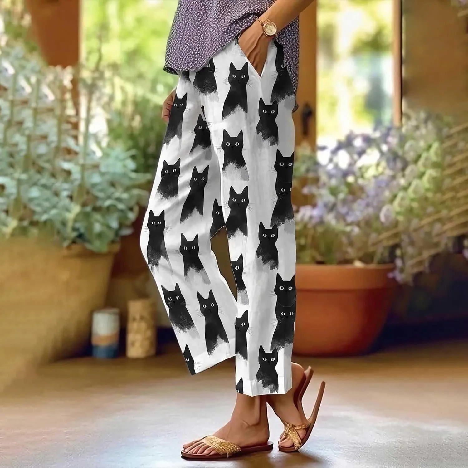Womens Linen Pants Casual Loose High Waisted Boho Print Wide Leg Pant Summer Beach Drawstring Trousers with Pocket
