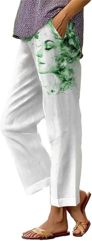Womens Linen Pants Casual Loose High Waisted Boho Print Wide Leg Pant Summer Beach Drawstring Trousers with Pocket