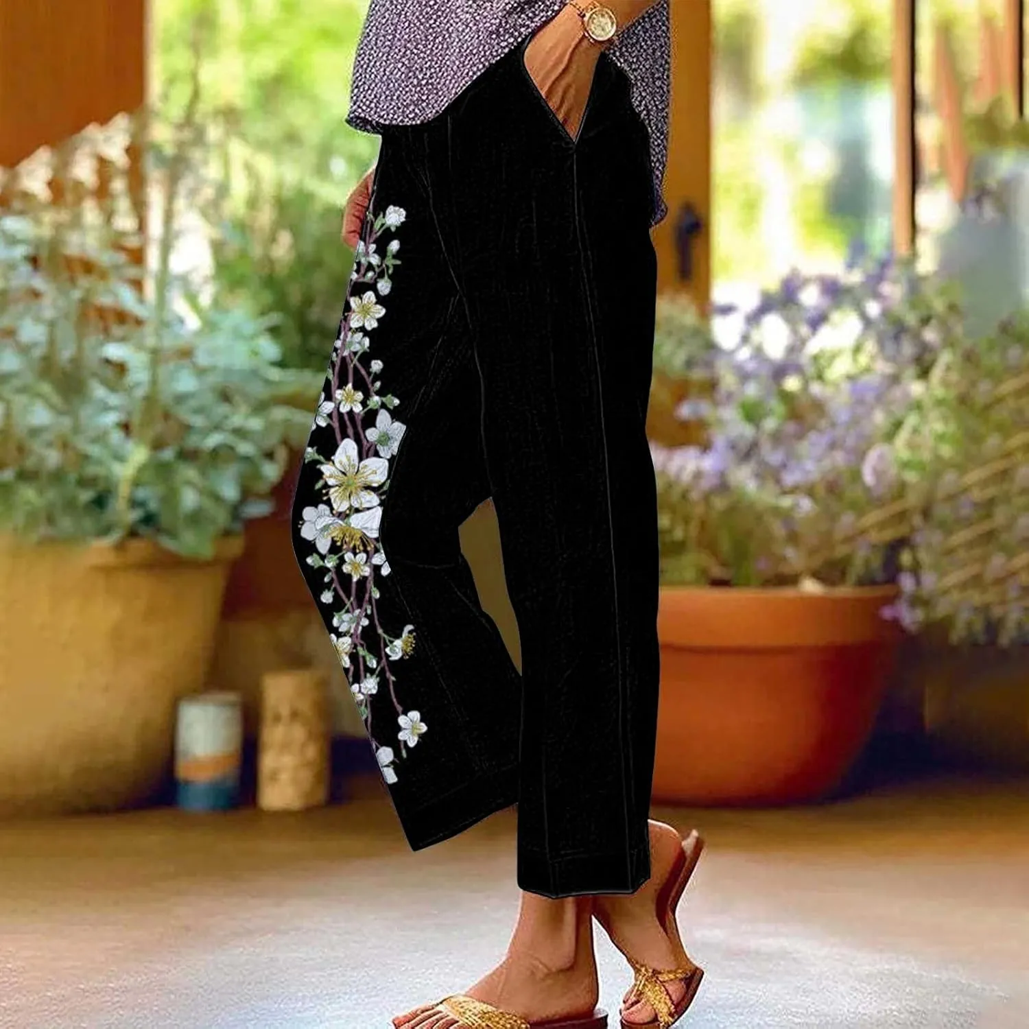 Womens Linen Pants Casual Loose High Waisted Boho Print Wide Leg Pant Summer Beach Drawstring Trousers with Pocket