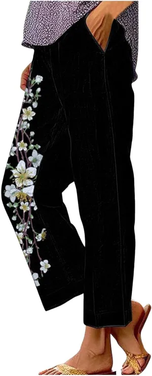 Womens Linen Pants Casual Loose High Waisted Boho Print Wide Leg Pant Summer Beach Drawstring Trousers with Pocket