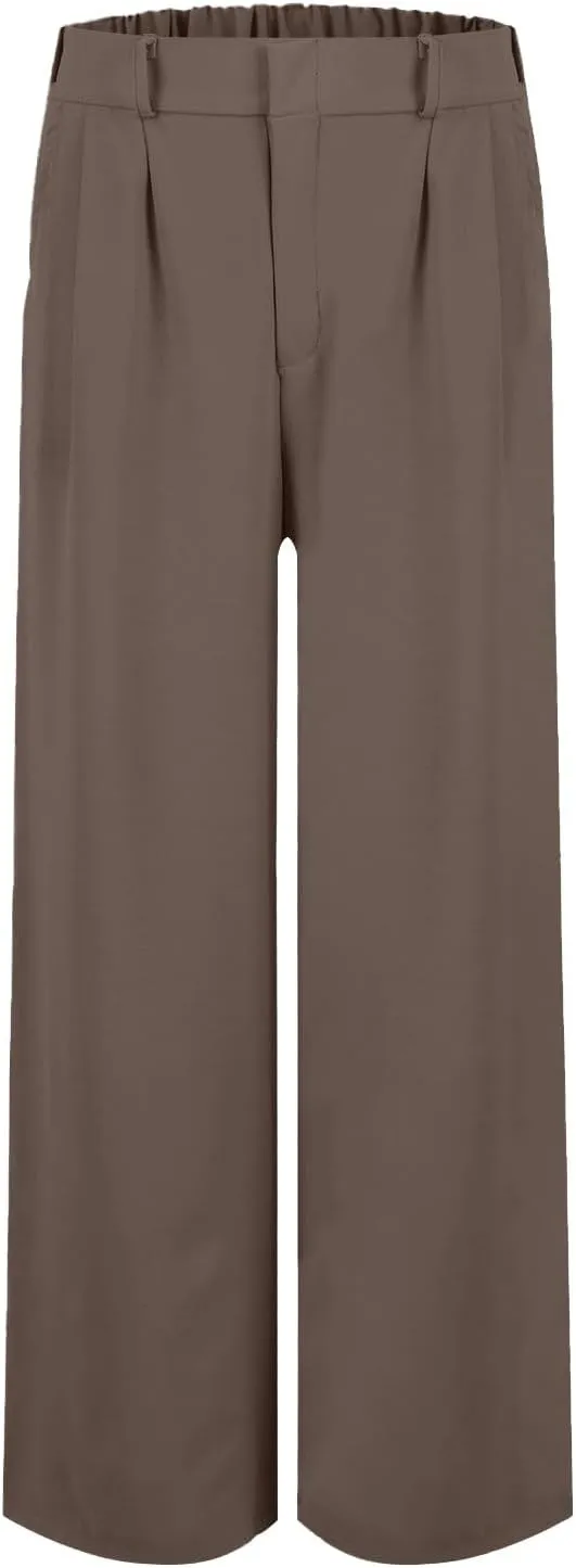 Women's Linen Pants Fashion Straight Leg High Waisted Dress Trousers Loose Casual Wide Leg Solid Color Vacation Pants