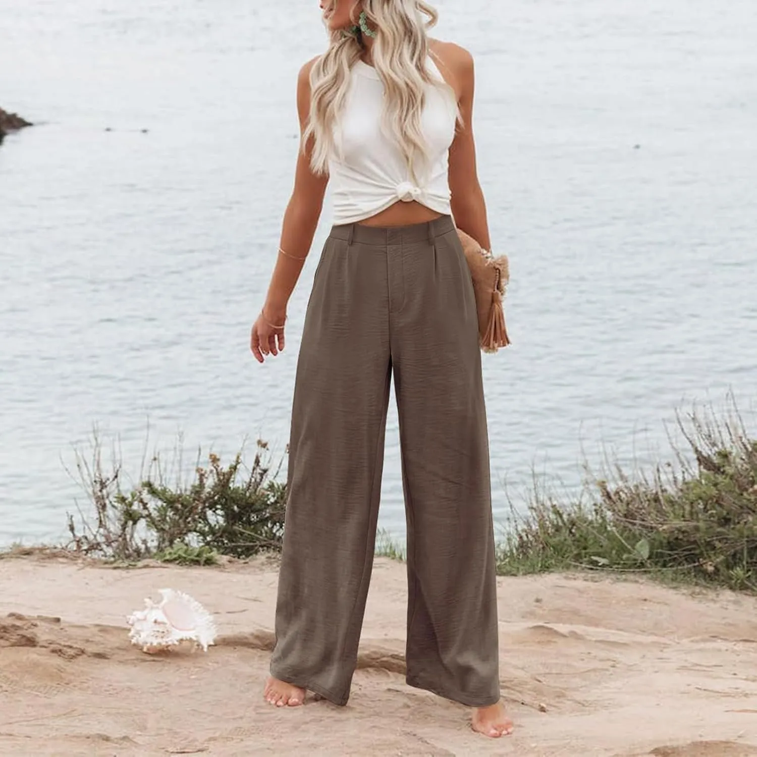 Women's Linen Pants Fashion Straight Leg High Waisted Dress Trousers Loose Casual Wide Leg Solid Color Vacation Pants
