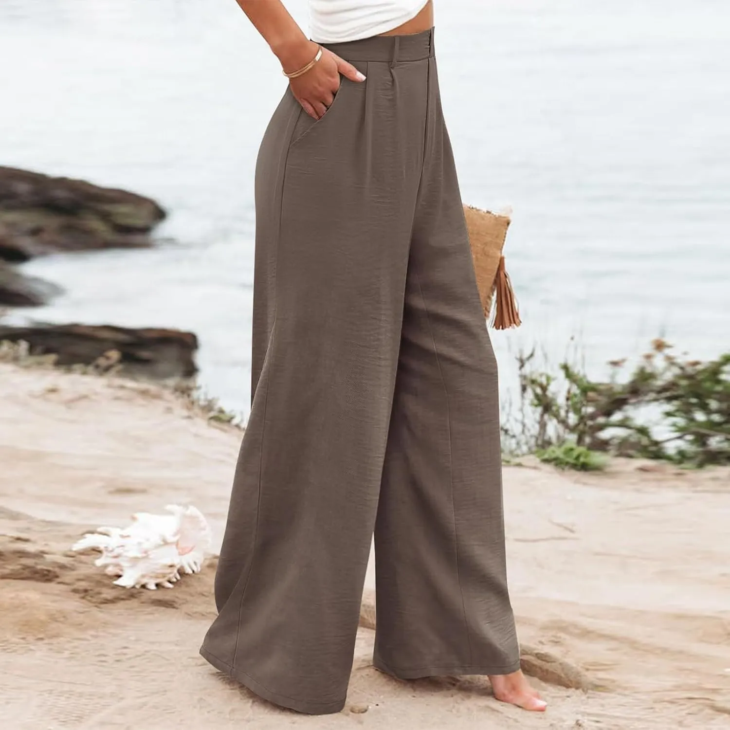 Women's Linen Pants Fashion Straight Leg High Waisted Dress Trousers Loose Casual Wide Leg Solid Color Vacation Pants