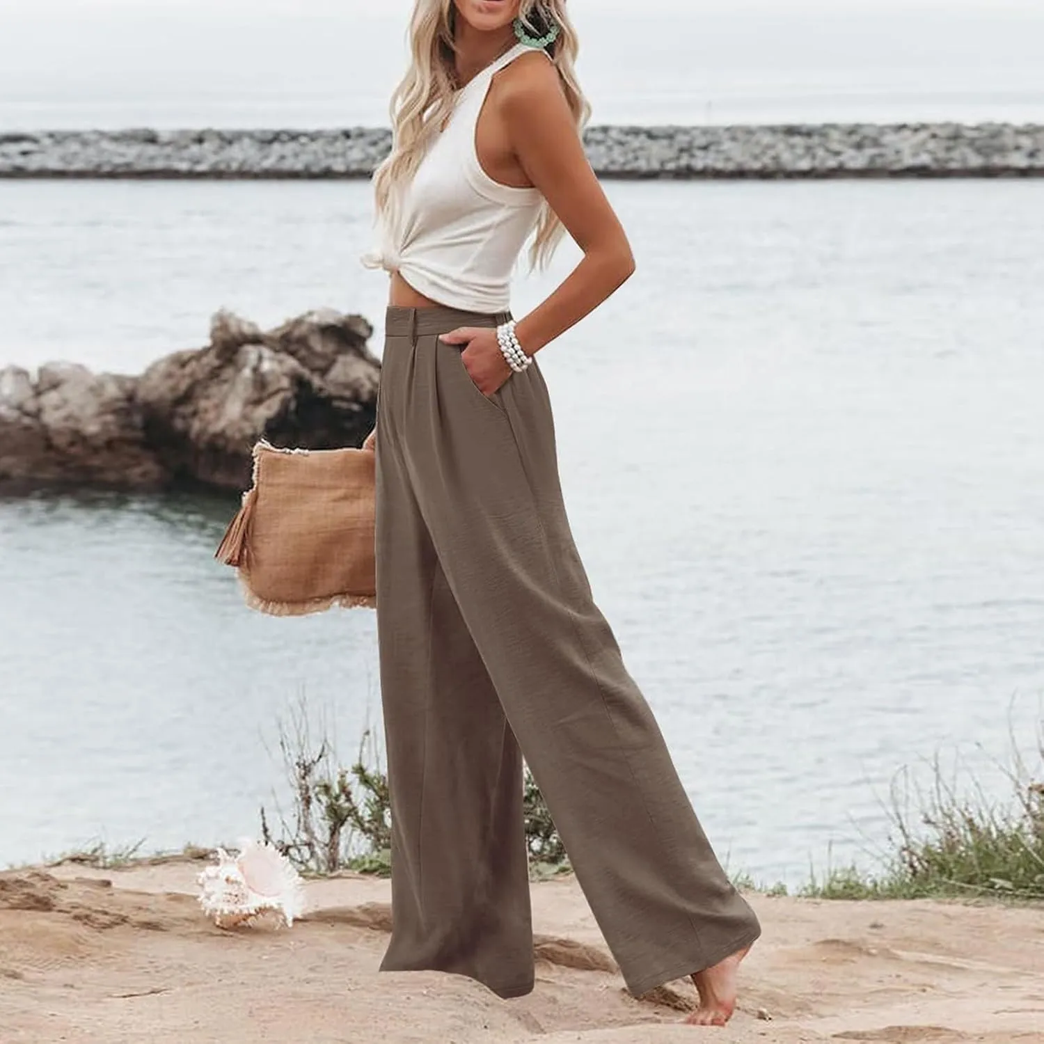 Women's Linen Pants Fashion Straight Leg High Waisted Dress Trousers Loose Casual Wide Leg Solid Color Vacation Pants