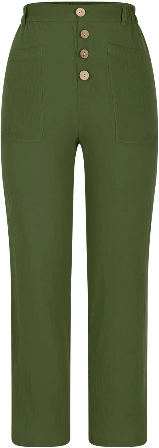 Womens Linen Pants Summer Casual Loose Elastic Waist Straight Wide Leg Pants Lightweight Tall Linen Pants Trousers