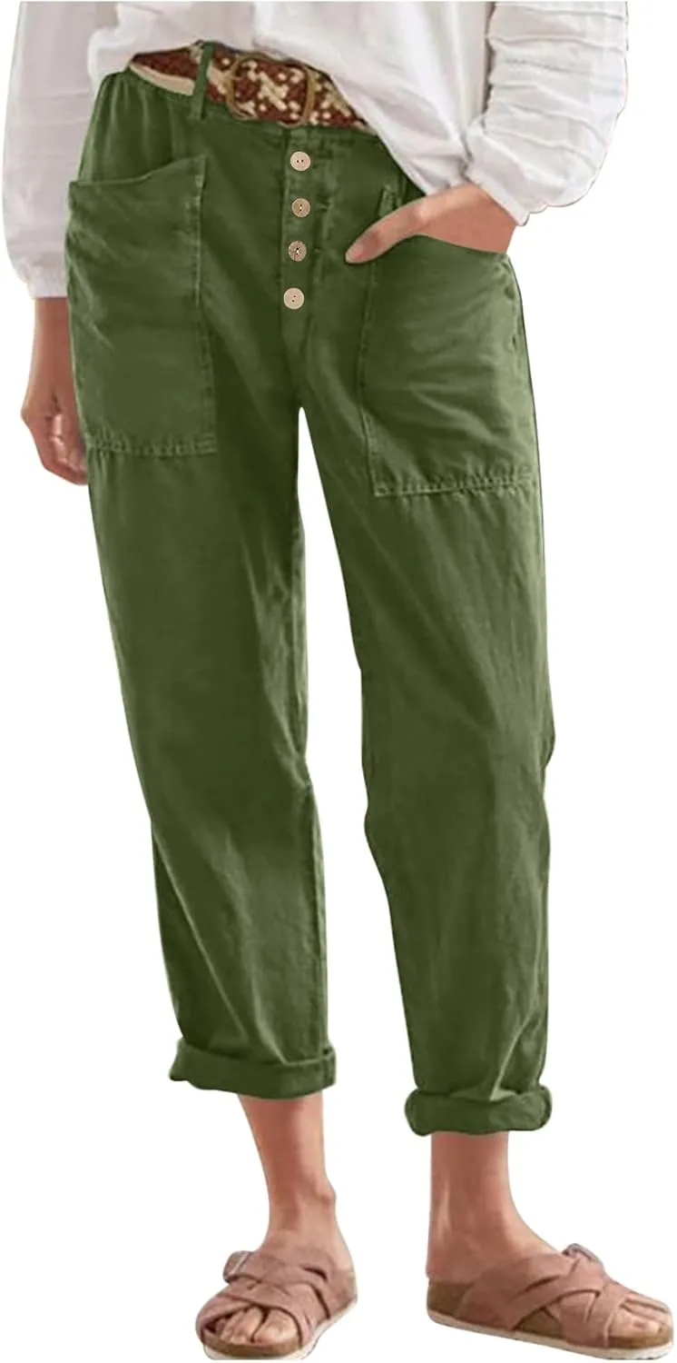 Womens Linen Pants Summer Casual Loose Elastic Waist Straight Wide Leg Pants Lightweight Tall Linen Pants Trousers