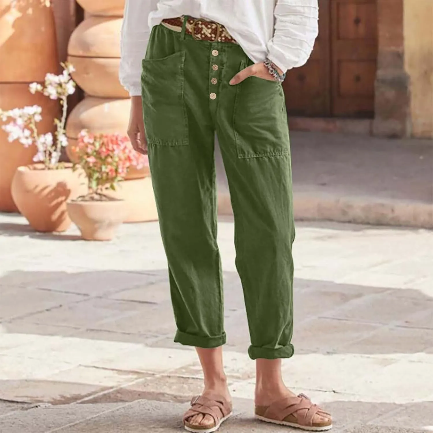 Womens Linen Pants Summer Casual Loose Elastic Waist Straight Wide Leg Pants Lightweight Tall Linen Pants Trousers