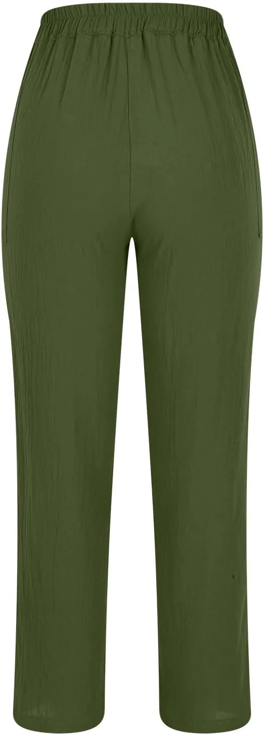 Womens Linen Pants Summer Casual Loose Elastic Waist Straight Wide Leg Pants Lightweight Tall Linen Pants Trousers