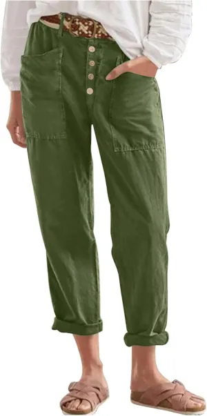 Womens Linen Pants Summer Casual Loose Elastic Waist Straight Wide Leg Pants Lightweight Tall Linen Pants Trousers