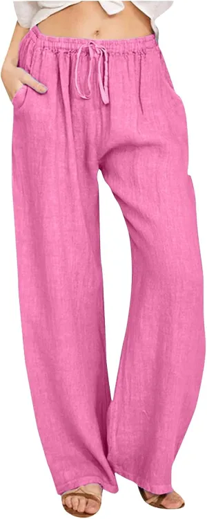 Women's Linen Summer Drawstring Pants High Waist Wide Leg Plus Size Trousers Travel
