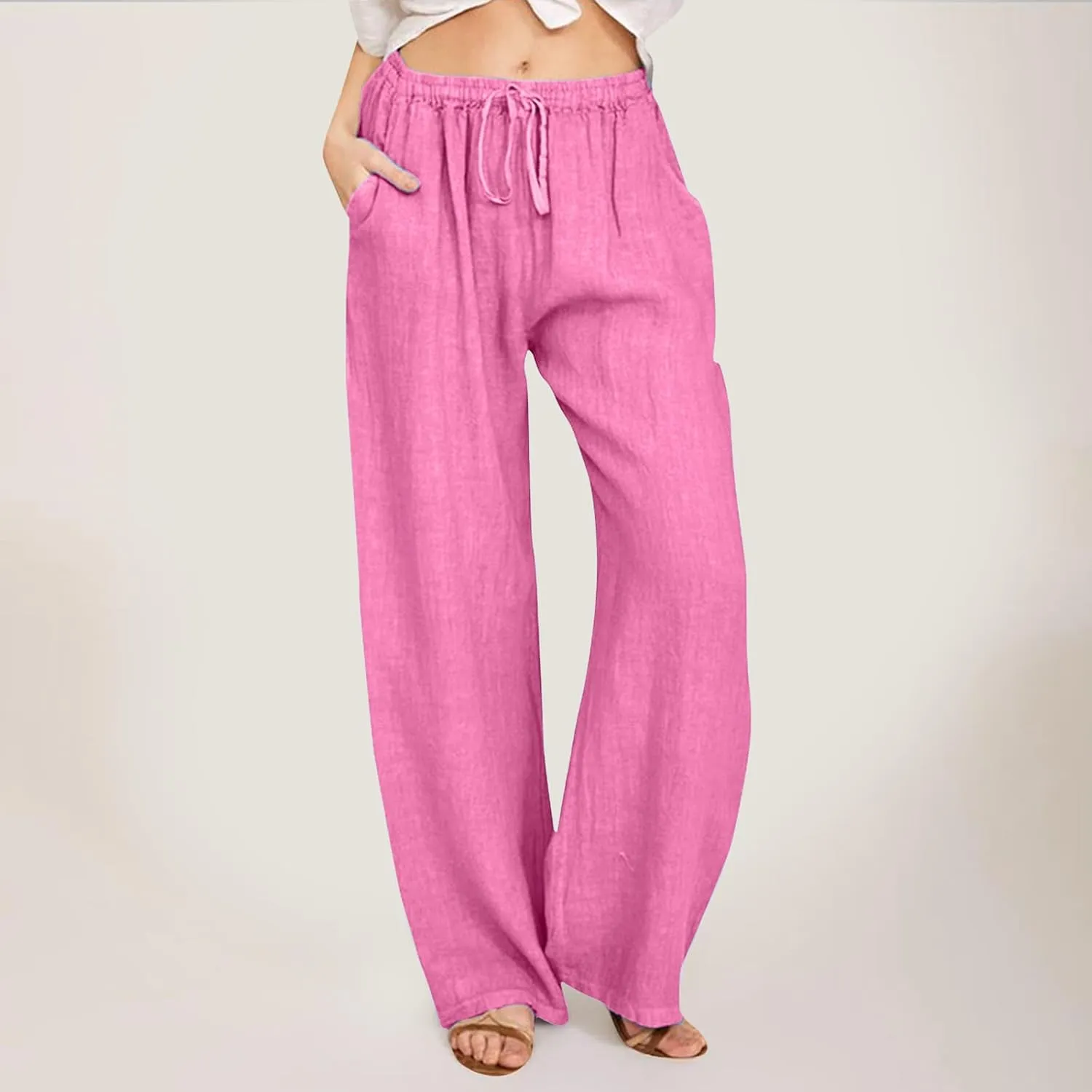 Women's Linen Summer Drawstring Pants High Waist Wide Leg Plus Size Trousers Travel
