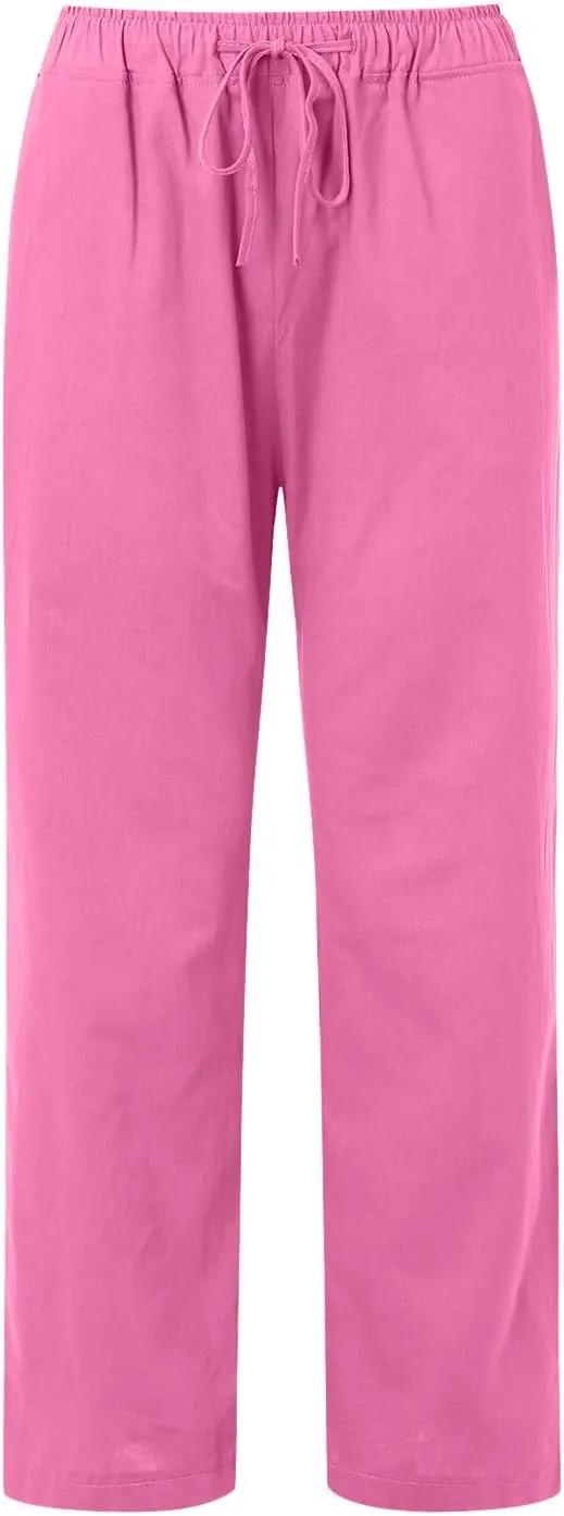 Women's Linen Summer Drawstring Pants High Waist Wide Leg Plus Size Trousers Travel