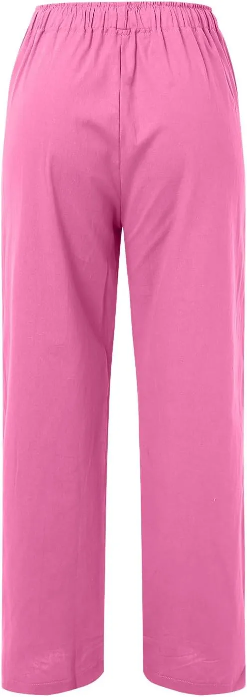 Women's Linen Summer Drawstring Pants High Waist Wide Leg Plus Size Trousers Travel
