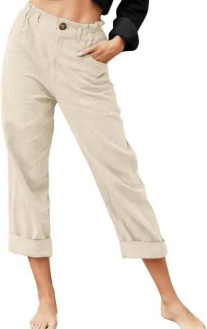 Women's Linen Summer Loose Pant Trousers High Waist Wide Leg Slim Fit Pants Beach