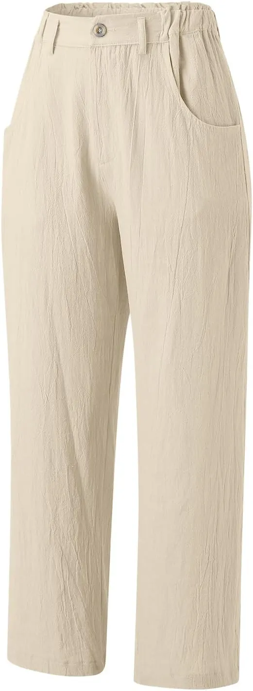 Women's Linen Summer Loose Pant Trousers High Waist Wide Leg Slim Fit Pants Beach