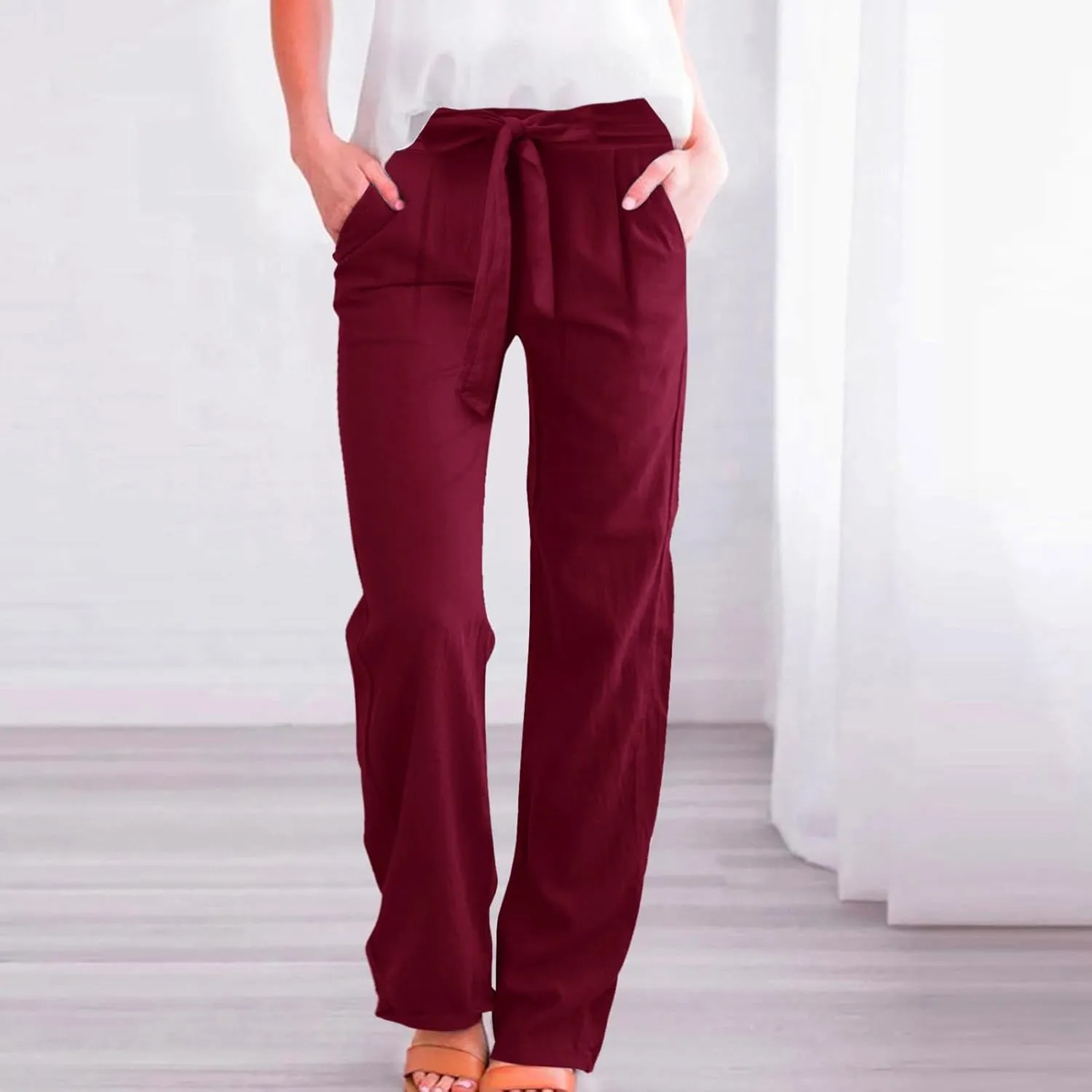 Women's Linen Summer Loose Pants Elastic Waist Long Lounge Slim-Fit Trouser Business Work