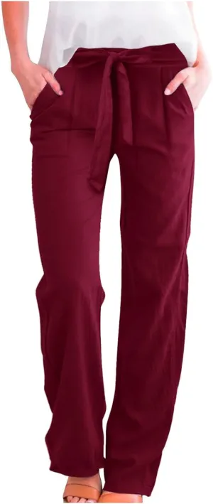 Women's Linen Summer Loose Pants Elastic Waist Long Lounge Slim-Fit Trouser Business Work