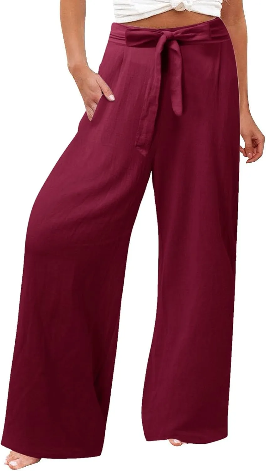 Women's Linen Summer Loose Pants Elastic Waist Long Lounge Slim-Fit Trouser Business Work