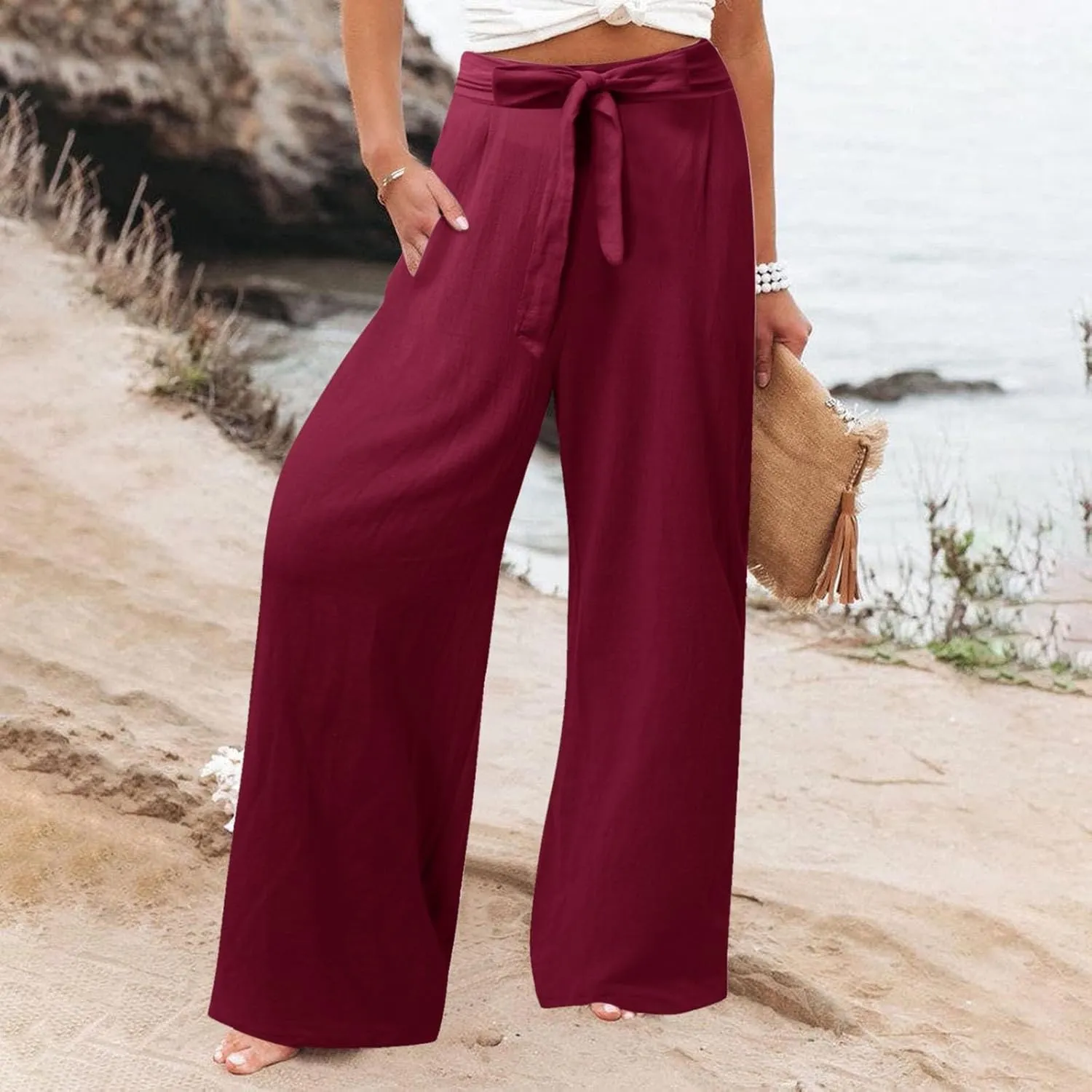 Women's Linen Summer Loose Pants Elastic Waist Long Lounge Slim-Fit Trouser Business Work