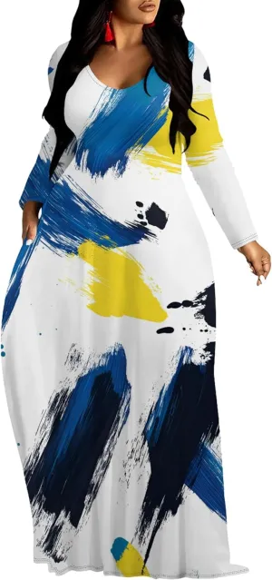 Women's Long Sleeve Plus Size Maxi Dresses T Shirt Boho Sundress Midi Outfit Fall Dress with Pockets