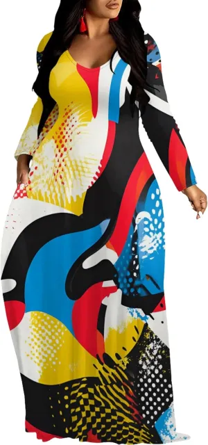 Women's Long Sleeve Plus Size Maxi Dresses T Shirt Boho Sundress Midi Outfit Fall Dress with Pockets