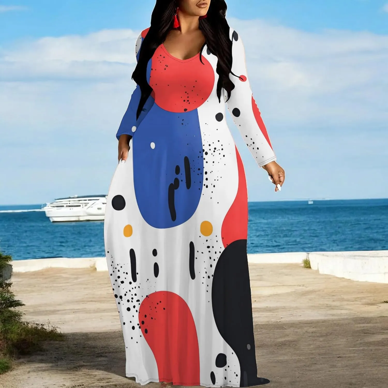 Women's Long Sleeve Plus Size Maxi Dresses T Shirt Boho Sundress Midi Outfit Fall Dress with Pockets